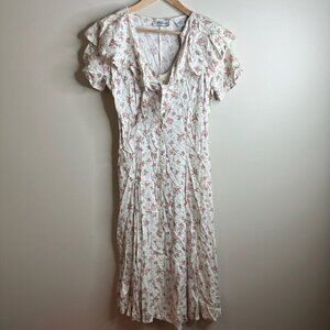 Vintage 70s Avocado Brand Dress 7/8 White Floral Ruffle Prairie Cottagecore Boho